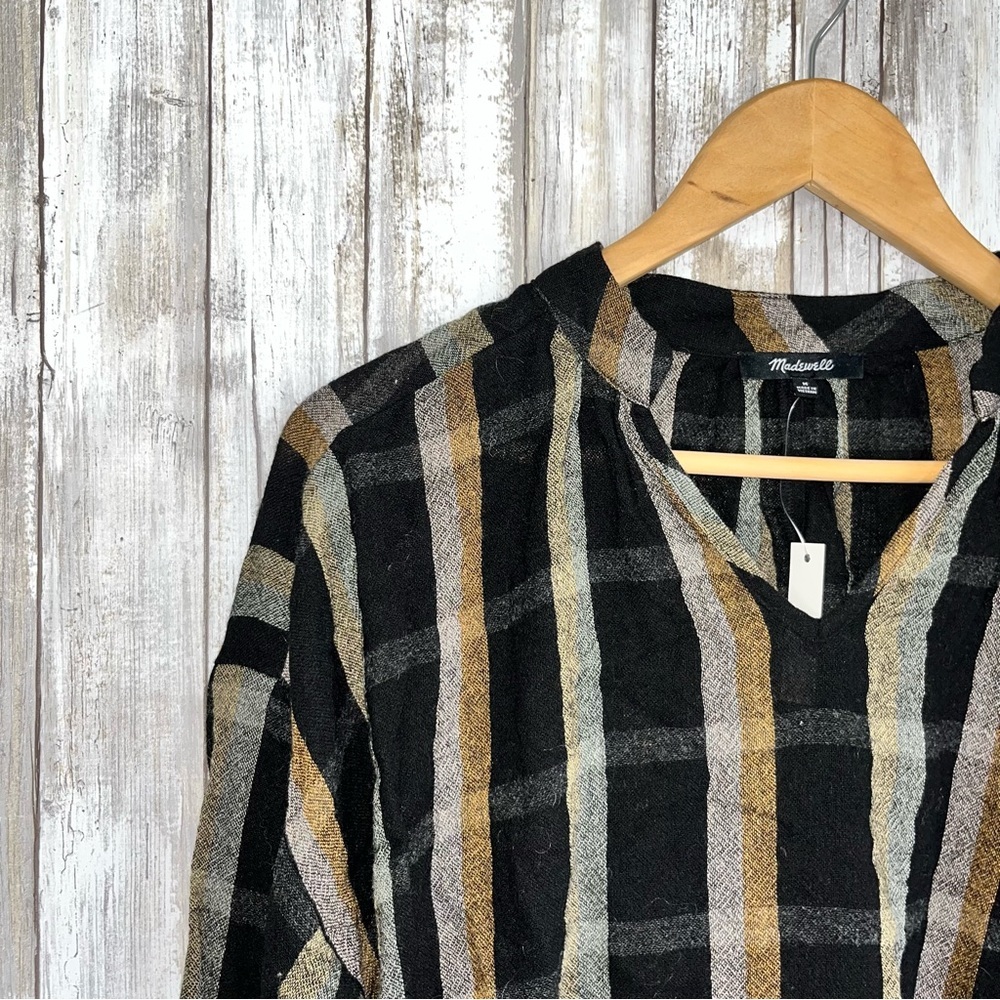 Madewell Highroad Popover Top Black Tan Stripe NWT Size M Lightweight Blouse - Picture 4 of 6